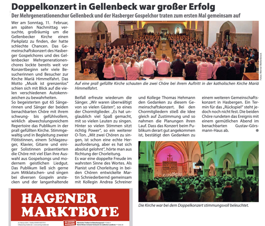 Doppelkonzert in Gellenbeck war großer Erfolg. Artikel aus dem Hagener Marktboten.